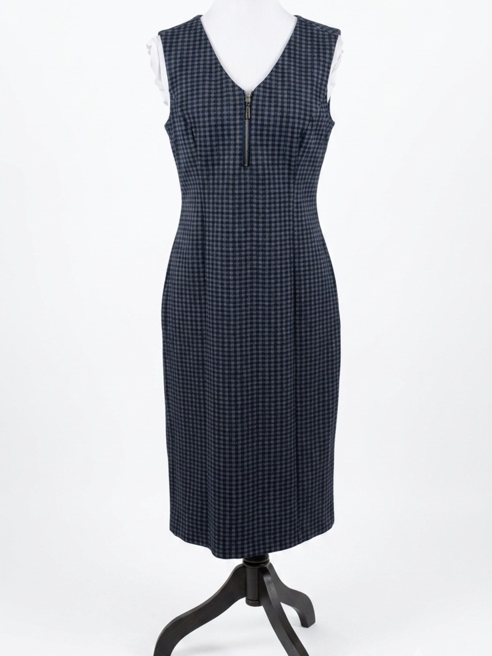 Noir Sleeveless Navy Checked Midi Dress with Front Zip